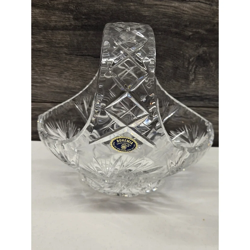 Bohemia Czech Republic Hand Cut Lead‎ Crystal Basket Pinwheel Diamond 8.25